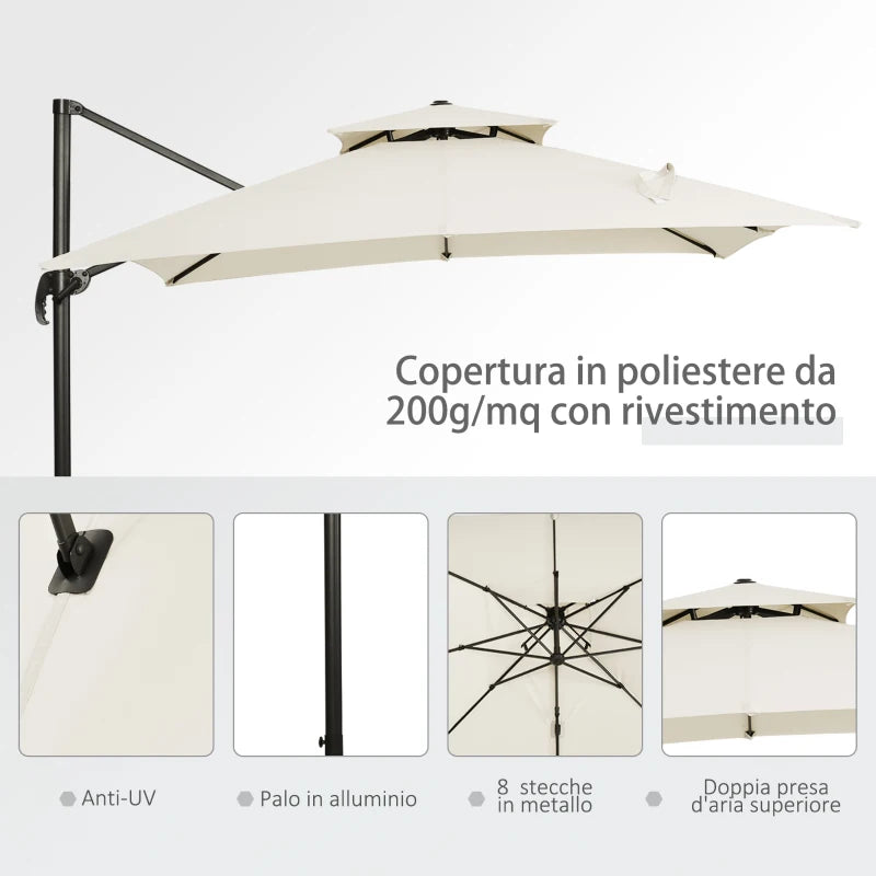 Outsunny Ombrellone a Sbalzo a Doppia Copertura con Manovella, Base a Croce e Pesi, 268x268x265 cm, Beige