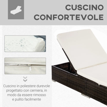 Outsunny Lettino Prendisole in Rattan PE con Schienale Reclinabile su 5 Posizioni, 195x68x31cm, Marrone