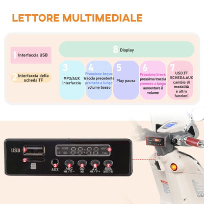 HOMCOM Moto Elettrica per Bambini con Licenza Ufficiale Vespa, 2 Rotelle, Luci e Suoni, 108x49x75 cm, Bianca