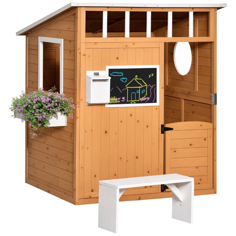 Outsunny Casetta per Bambini in Legno da Esterno con Porta, Finestre, Panca, Portavasi 122x108x135.5cm Gialla