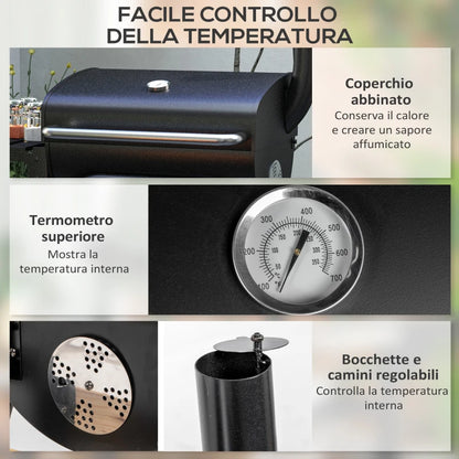 Outsunny Barbecue a Carbone con Coperchio, Termometro e Camino, Ripiani e Ruote, Nero