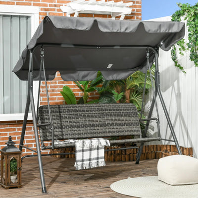 Outsunny Dondolo da Giardino 3 Posti con Tettuccio Regolabile in Rattan PE, 167x112x153cm, Grigio Scuro