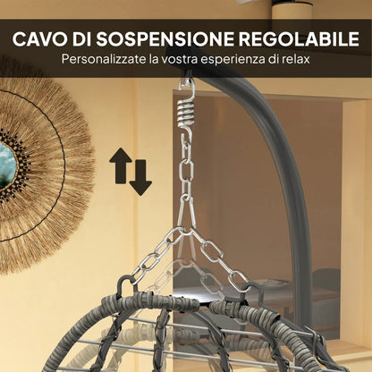 Outsunny Sedia Sospesa in Rattan a Uovo con Cuscino e Poggiatesta, Altezza Regolabile e Seduta Richiudibile, Grigio