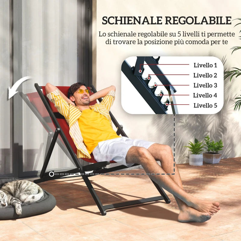 Outsunny Set 2 Sedie Poltrona Sdraio da Esterni, Pieghevoli e Reclinabili, in Alluminio, 96.5x58x91.5 cm, Rosso