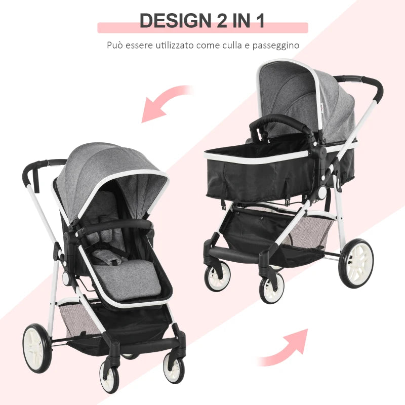 HOMCOM Carrozzina per Bambini 0-36 Mesi Pieghevole e Regolabile, in Metallo e Poliestere, 80x51x102 cm, Grigio