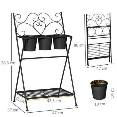Outsunny Portapiante in Metallo Pieghevole con 3 Vasi e Ripiano Inferiore per Casa e Giardino, 47x37x78.5cm, Nero