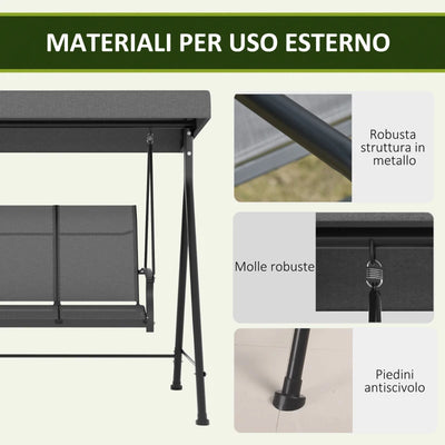 Outsunny Dondolo da Giardino 3 Posti con Tettuccio Parasole Regolabile, 195x118x170 cm, Grigio Scuro