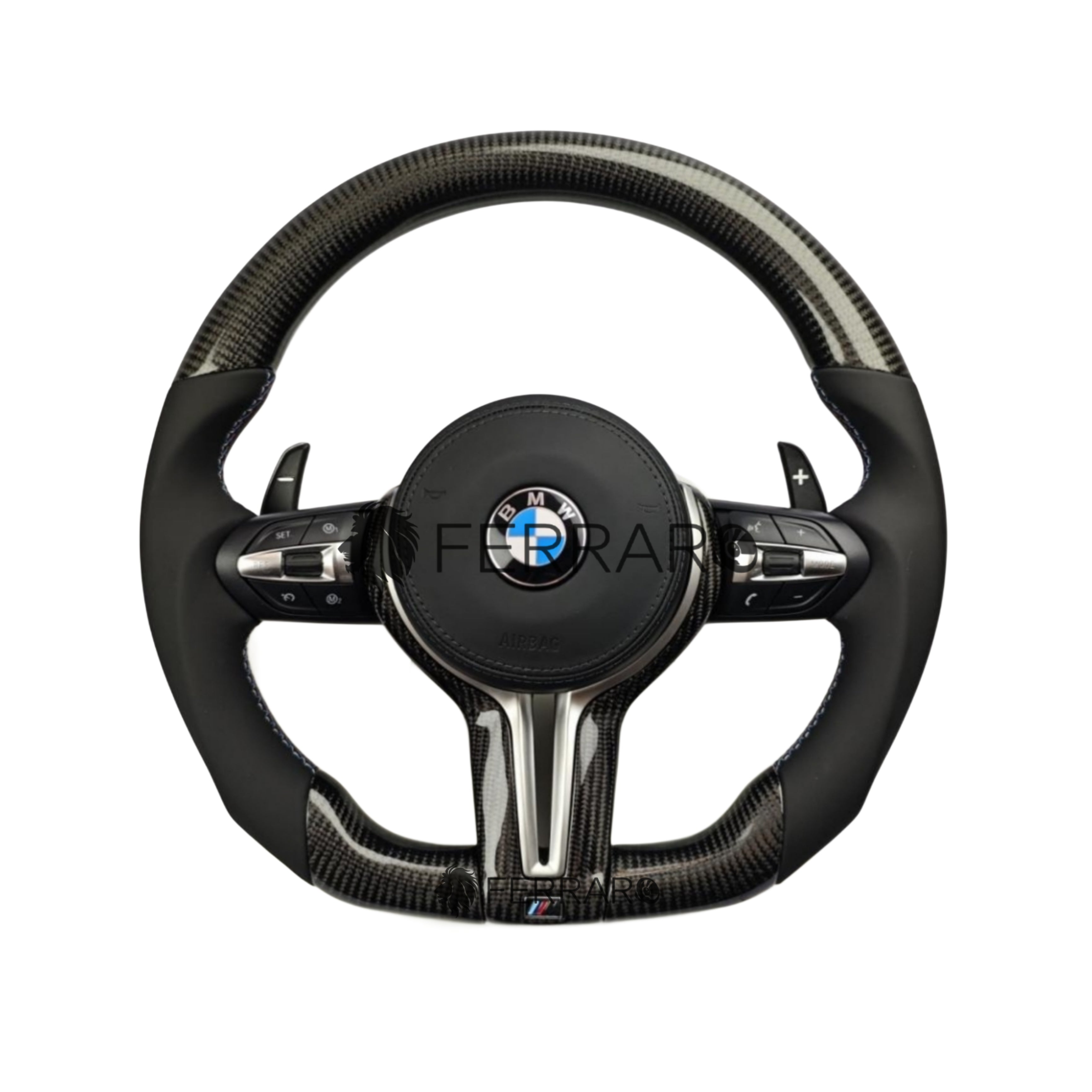 Volante per BMW, Carbonio Obliquo, Pelle Nera, Filo Tricolore
