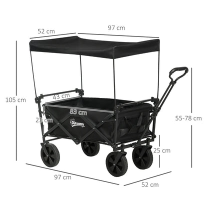Outsunny Carrello da Giardino 110L con Maniglia Telescopica e Tettuccio in Acciaio e Tessuto Oxford, Nero