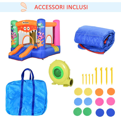 Outsunny Casa Gioco Castello Gonfiabile Gigante per Bambini 3-8 anni Trampolino Rimbalzante Colorato con Scivolo e Canestro 250cmx180cmx175cm