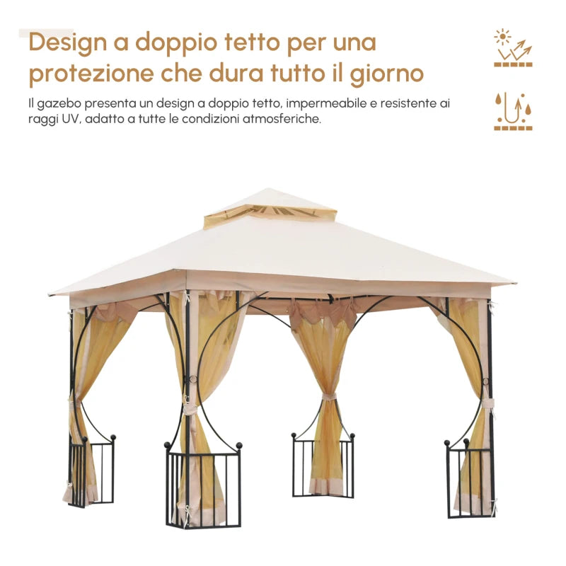 Outsunny Gazebo da Giardino 3x3m in Metallo con Zanzariere e Tettuccio in Poliestere, Beige