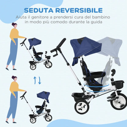 HOMCOM Triciclo Passeggino per Bambini con Maniglione, Parasole Regolabile e Cintura di Sicurezza, Blu Scuro