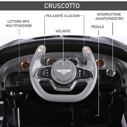 HOMCOM Macchina Elettrica per Bambini Bentley GT 6V, con Doppi Motori, Auto Elettrica per Bambini con Telecomando, Clacson, Suoni, Fari e 2 Portiere Apribili, 2.5-5 km/h, per 3-5 Anni, Nero