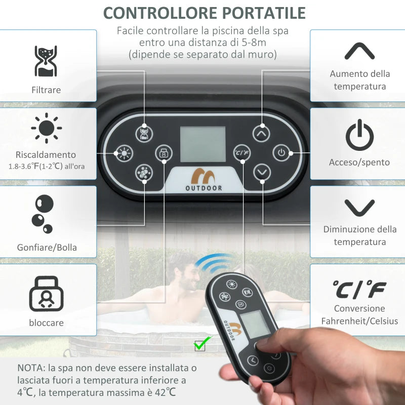 Outsunny Piscina Idromassaggio Gonfiabile e Riscaldante fino 42℃ con 108 Getti, per 4-6 Persone
