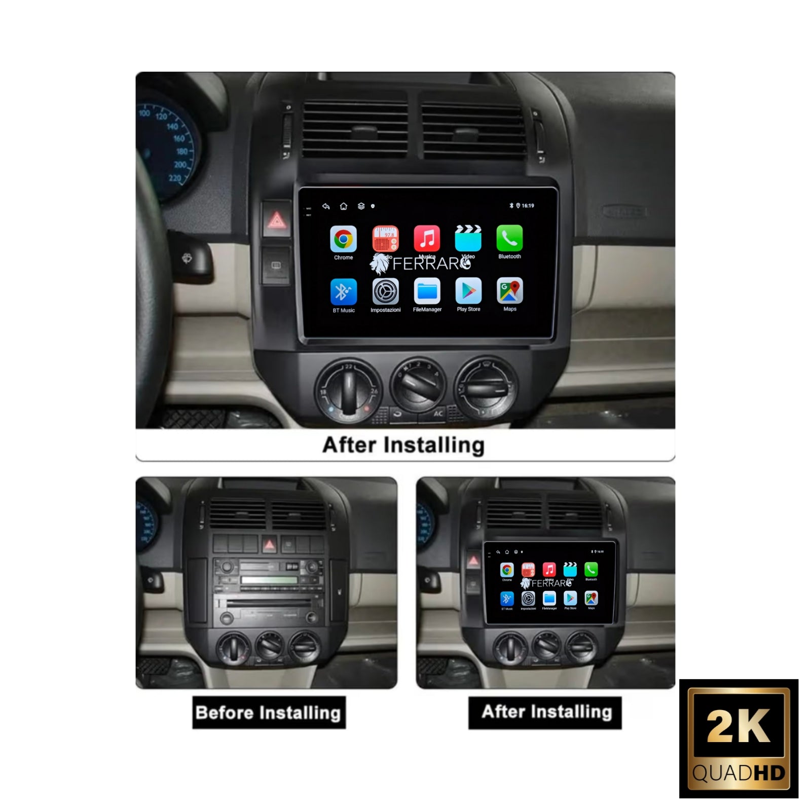 Autoradio per Volkswagen Golf MK4, Polo MK4, 9" 2K, Android, Bluetooth, CarPlay, Android Auto, 12/256GB Ram