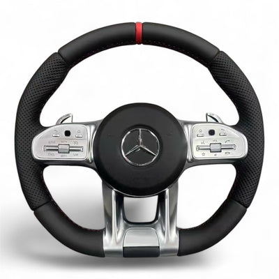 (PRENOTA) Volante per Mercedes, Etichetta Rossa, Pelle Nera, Filo Nero, AMG