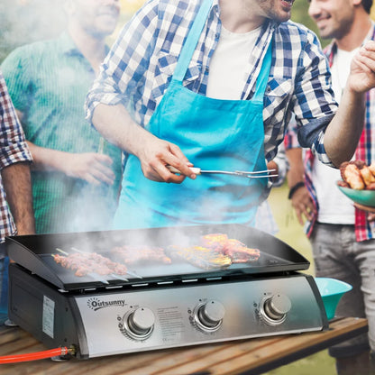 Outsunny Piastra Barbecue a Gas Antiaderente da Tavolo con 3 Bruciatori da 3kW, 62x46x21cm, Nero