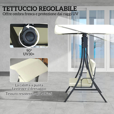 Outsunny Dondolo da Giardino 2 Posti con Tettuccio Regolabile e Cuscini, 150x120x182 cm, Crema