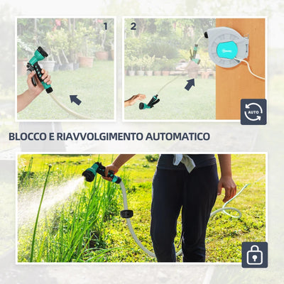 Outsunny Avvolgitubo Automatico a Parete e Portatile Lunghezza 25+2 m, Sistema di Blocco e 7 Getti, Grigio