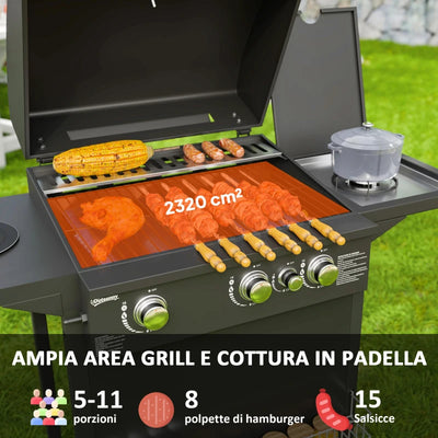 Outsunny Barbecue a Gas con Bruciatori Indipendenti, Coperchio con Termometro e Tavolino Laterale, Nero