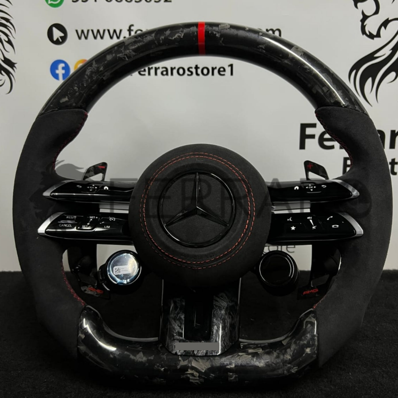 Volante per Mercedes, Carbonio Diagonale, Pelle Scamosciata, Galvanica, Linea Rossa, Pomelli AMG