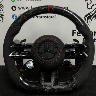 Volante per Mercedes, Carbonio Diagonale, Pelle Scamosciata, Galvanica, Linea Rossa, Pomelli AMG