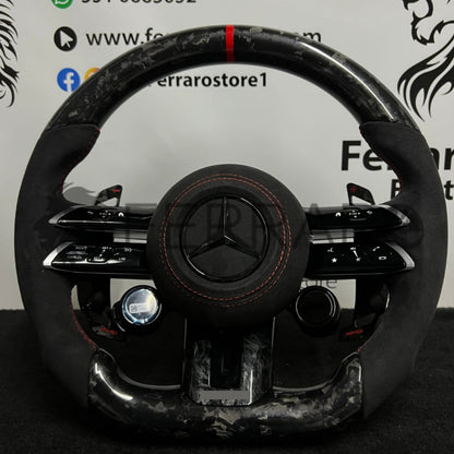 Volante per Mercedes, Carbonio Diagonale, Pelle Scamosciata, Galvanica, Linea Rossa, Pomelli AMG