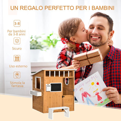 Outsunny Casetta per Bambini in Legno da Esterno con Porta, Finestre, Panca, Portavasi 122x108x135.5cm Gialla