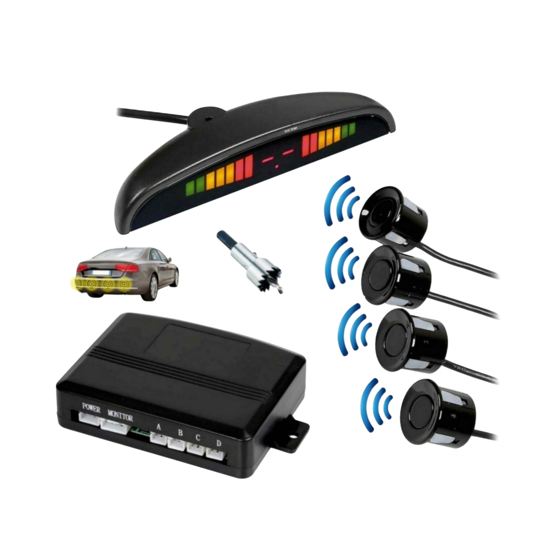 Trade Shop - Kit 4 Sensori Di Parcheggio Con Display Led Cicalino Suono Grigi 85904680 Trade Shop - Kit 4 Sensori Di Parcheggio Con Display Led Cicalino Suono Grigi 85904680