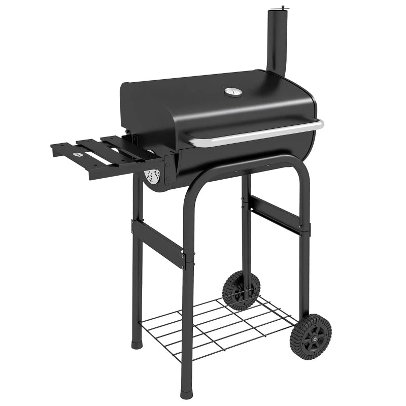 Outsunny Barbecue a Carbone con Coperchio, Termometro e Camino, Ripiani e Ruote, Nero