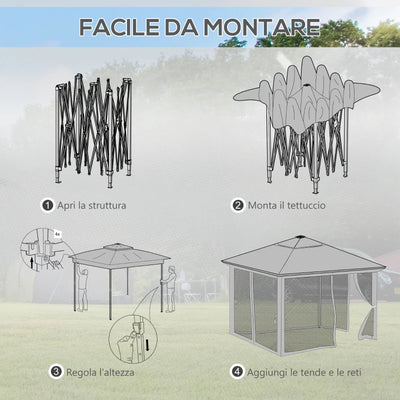 Outsunny Gazebo da Giardino ad Altezza Regolabile con Luci LED, in Acciaio e tessuto Oxford, 336x336x250-270 cm, Grigio