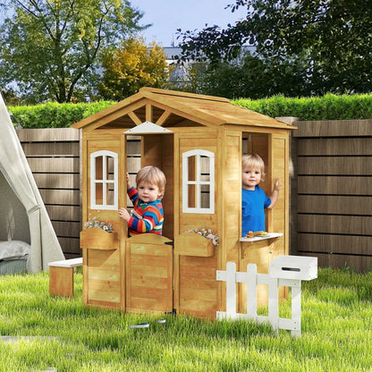 Outsunny Casetta per Bambini in Legno con Finestre, Staccionata e Panca, 205x119x140 cm, Legno Naturale