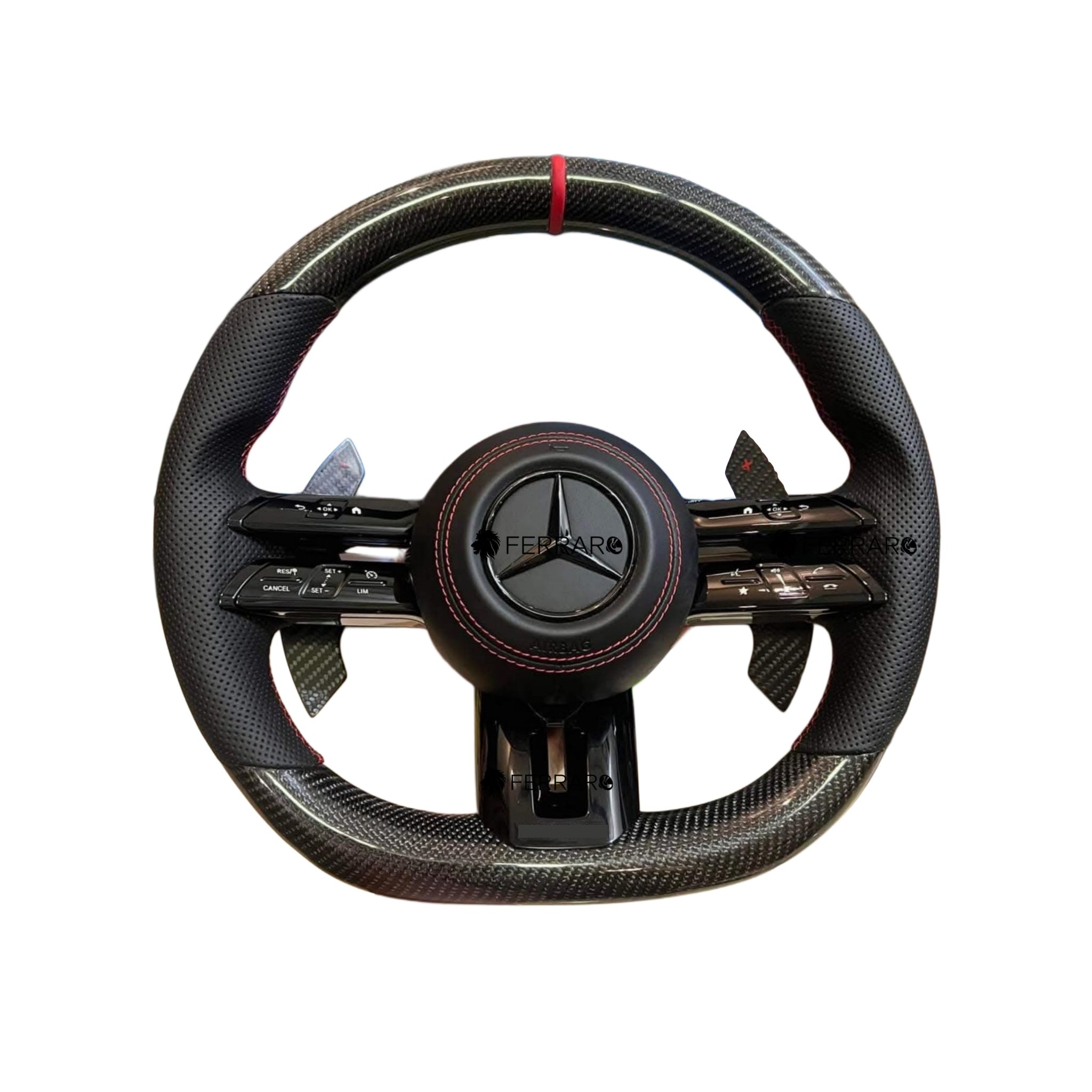 Volante per Mercedes, Carbonio Diagonale, Etichetta Rossa, Punzonatura Nera, Palette Coda di Rondine, Linea Bianca, AMG