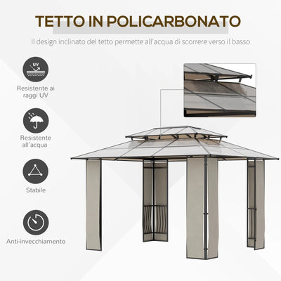 Outsunny Gazebo da Giardino 3.7x3m con Tetto in Policarbonato a 2 Livelli, Acciaio e Alluminio, Marrone
