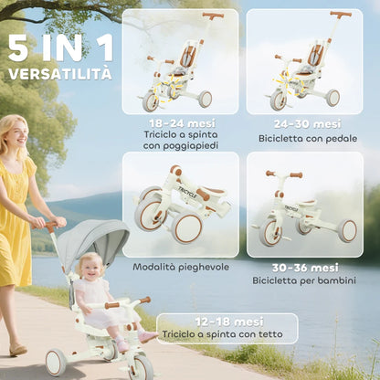 AIYAPLAY Triciclo per Bambini 5 in 1 con Maniglione di Spinta e Copertura Rimovibile, 96.5x49x101 cm, Bianco Crema