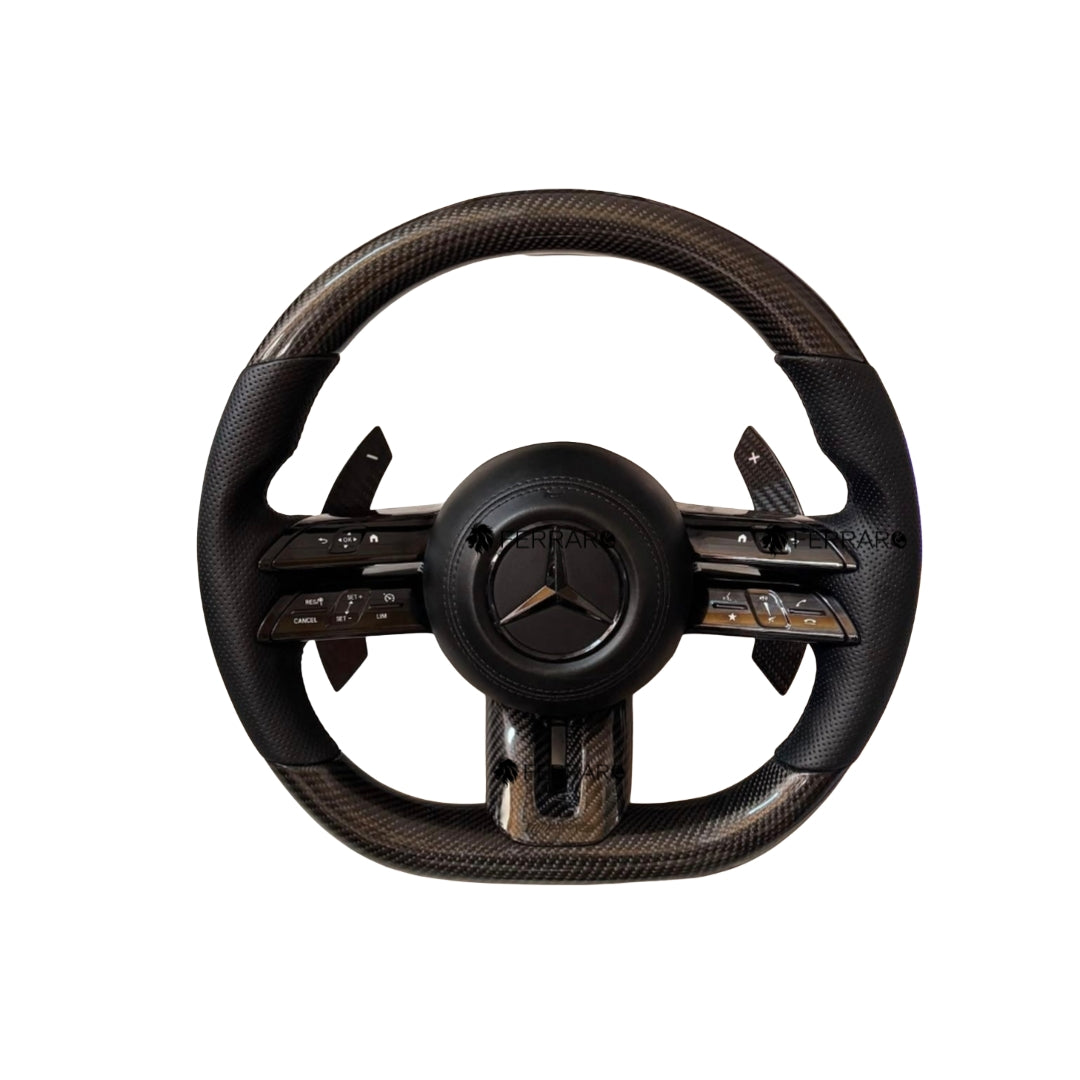 Volante per Mercedes, Carbonio, Logo Nero, Punzonata, Paddle Nero, Linea Nera, AMG