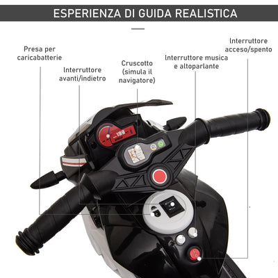 HOMCOM Moto Elettrica per Bambini 3-5 Anni Max. 25kg con Luci, Musica, Batteria 6V e Velocità 3km/h, 86cmx42cmx52cm Nera