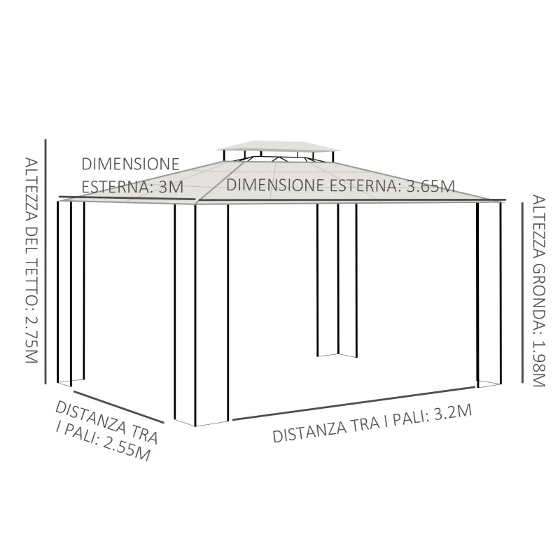 Outsunny Gazebo da Giardino 3.7x3m con Tetto in Policarbonato a 2 Livelli, Acciaio e Alluminio, Marrone