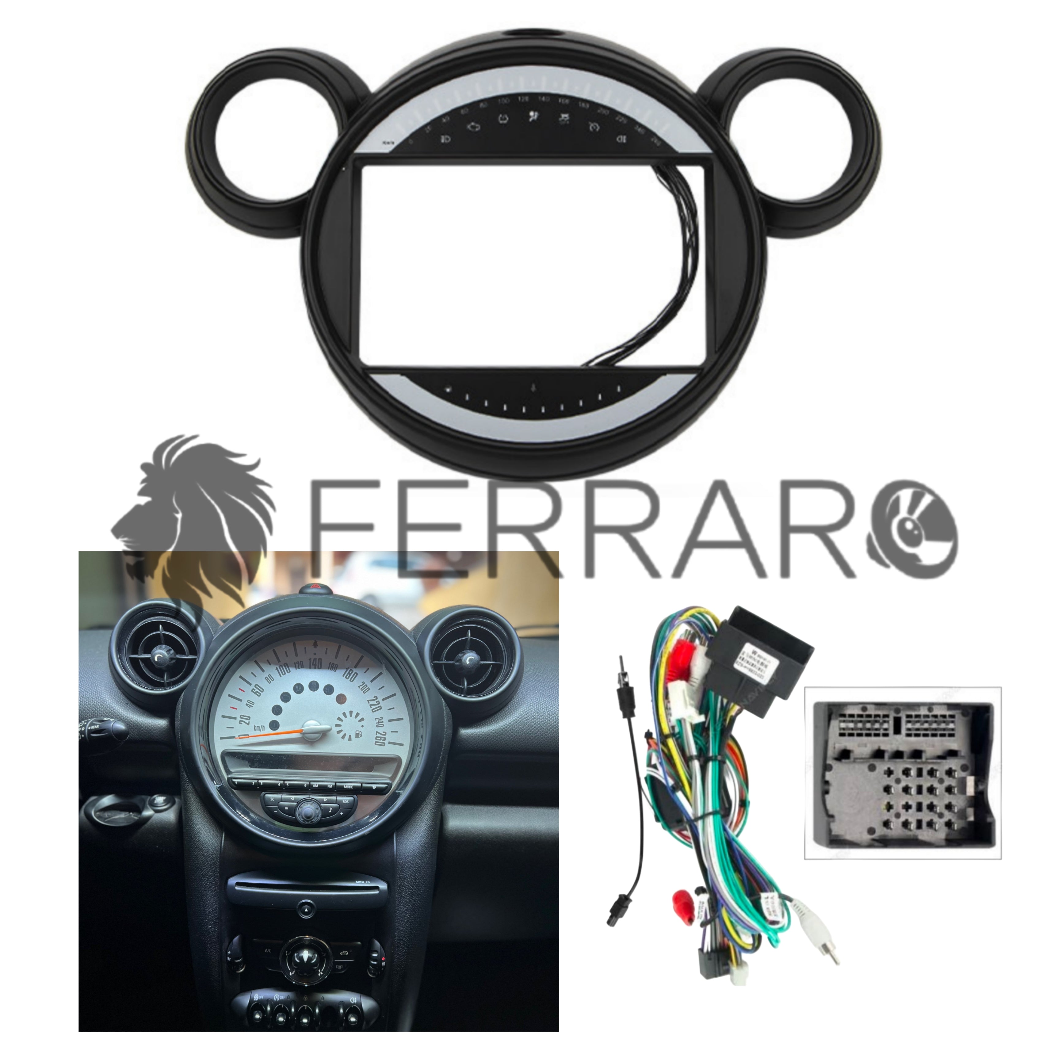 Kit Montaggio Autoradio 9"Pollici Mini Countrymam R60 (2010-2017), Mascherina, Cablaggio per Autoradio Android