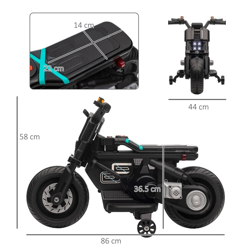 HOMCOM Moto Elettrica per Bambini 3-5 Anni in PP e Metallo con Rotelle, Clacson e Musica, 86x44x58 cm, Nera