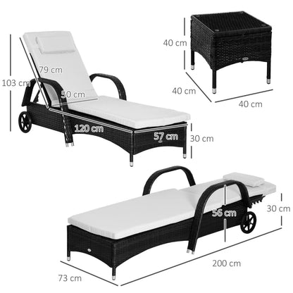 Outsunny Set da Giardino con 2 Sedie a Sdraio con Schienale Reclinabile e Tavolino Basso in Rattan PE, Nero