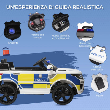 HOMCOM Macchina Elettrica per Bambini della Polizia, Batteria 12V e Telecomando, Sirena Luci Attacco USB per Musica, 110x68x52cm, Bianco