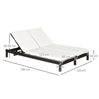 Outsunny Lettino Prendisole a 2 Posti, Sdraio in Acciaio e Rattan, Schienale Regolabile, 196 x 120 x 28cm Marrone e Bianco Crema