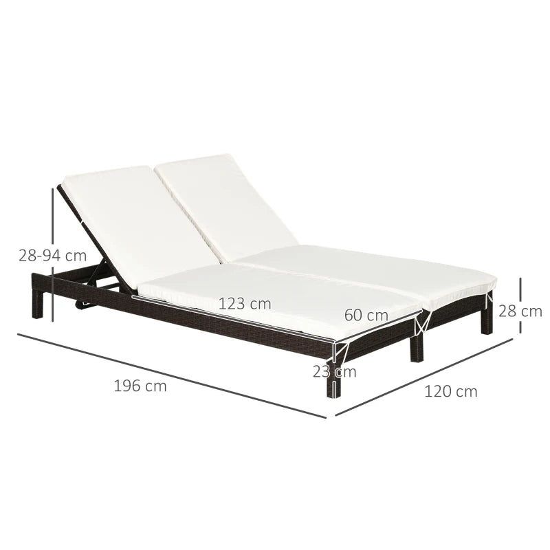 Outsunny Lettino Prendisole a 2 Posti, Sdraio in Acciaio e Rattan, Schienale Regolabile, 196 x 120 x 28cm Marrone e Bianco Crema
