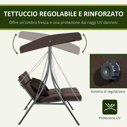 Outsunny Dondolo da Giardino 3 Posti con Cuscini, Seduta Chaise Longue e Tettuccio, 198x118x168 cm, Marrone