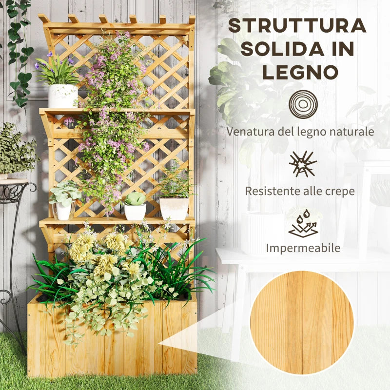 Outsunny Fioriera con Traliccio per Rampicanti, Fori di Drenaggio e 2 Mensole, in Legno di Abete, 76x33x177 cm