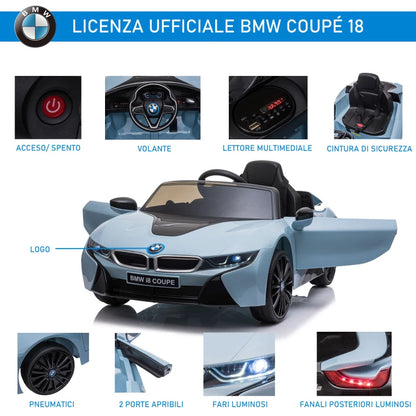 HOMCOM Macchina Elettrica per Bambini 3-8 anni Licenza BMW I8 Coupé con Telecomando e 2 Porte, 115x72.5x46 cm, Blu