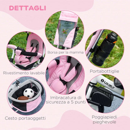 HOMCOM Triciclo per Bambini 1-5 Anni con Maniglione e Tettuccio Regolabile, 102x49x102 cm, Bianco e Rosa