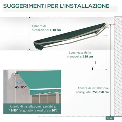 Outsunny Tenda da Sole Avvolgibile a Caduta con Manovella, in Alluminio e Poliestere, 3x2.5m, Verde Scuro