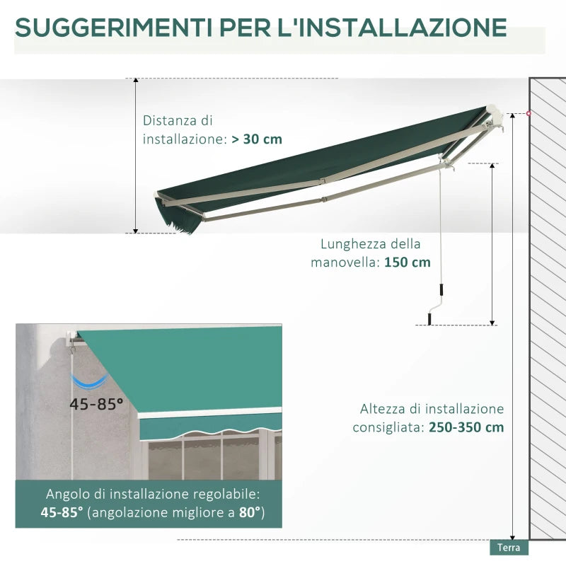 Outsunny Tenda da Sole Avvolgibile a Caduta con Manovella, in Alluminio e Poliestere, 3x2.5m, Verde Scuro